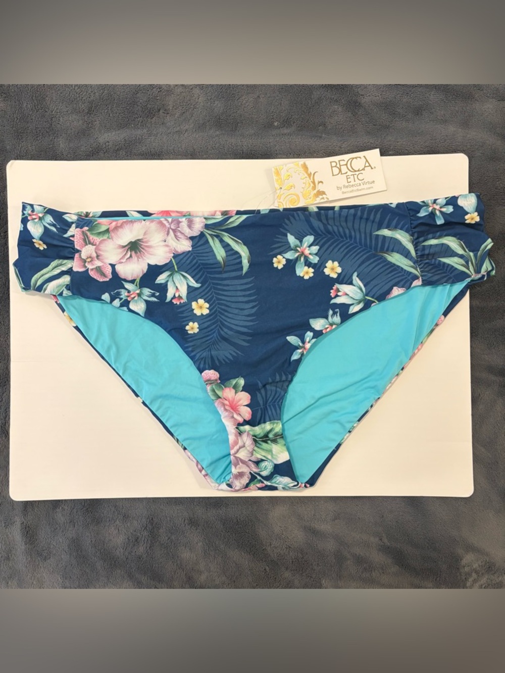 BECCA ETC FLORAL BIKINI BOTTOMS WOMENS 2X BLUE TROPICAL REVERSIBLE HIPSTER High